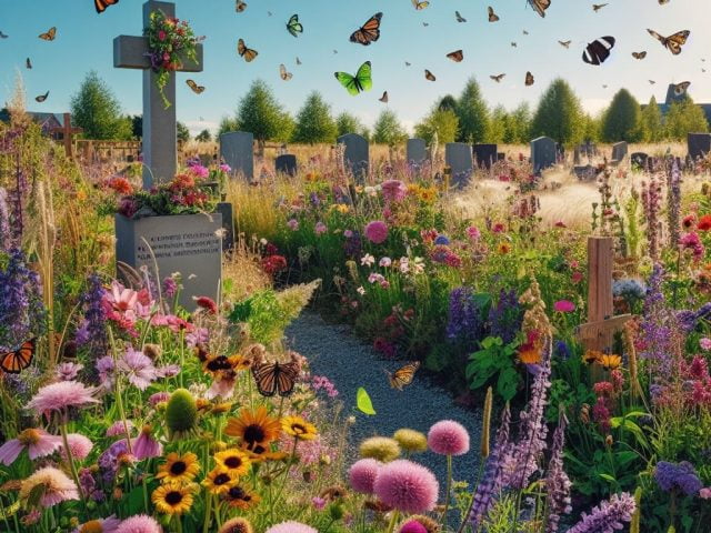 biodiversitet på kirkegården med sommerfugle og vilde blomster